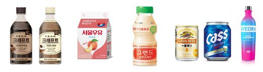 왼쪽부터 코카-콜라사 ‘조지아 크래프트’, 서울우유 ‘서울우유 복숭아’, 한국야쿠르트 ‘야쿠르드 그랜드’, 하이트진로 ‘기린이치방 미니캔’, 오비맥주 ‘카스 한입캔’, 롯데주류 ‘스베드카 블루 라즈베리’ (각사 제공)
