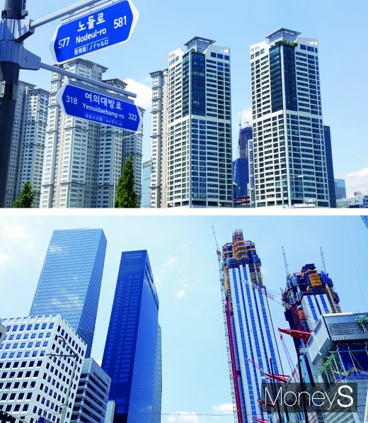 여의도의 한 주상복합 아파트(사진 윗쪽)와 IFC(사진 아래 왼쪽 뒷쪽부터), 콘래드호텔, 파크원 공사현장. /사진=김창성 기자