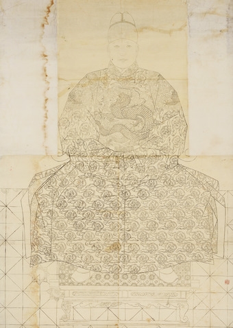세조 어진 초본(김은호, 1935년) -1935년에 기존 세조世祖(1417~1468년, 재위1455~1468년)의 어진을 모사하기 위한 기초 작업으로 김은호가 그린 밑그림이다. 어진 우측 하단에 김은호의 인장이 찍혀 있다. /사진=뉴스1(문화재청 제공)