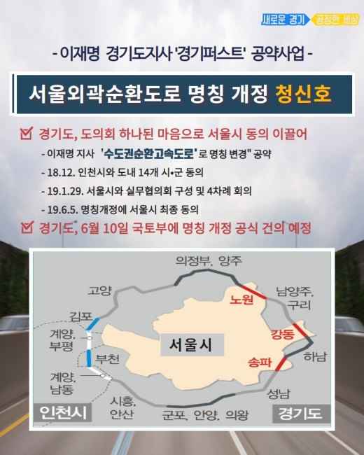 이재명 경기도지사가 추진 중인 '서울외곽순환고속도로' 명칭 개정에 대해 서울시와 인천시가 최종 합의했다고 9일 밝혔다. / 자료제공=경기도