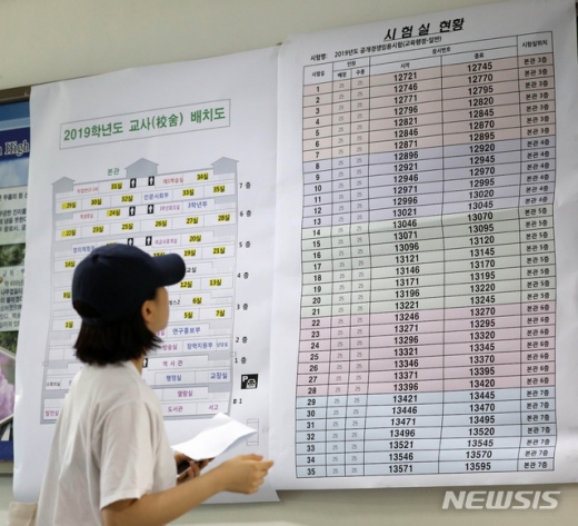  2019년도 제1회 서울특별시교육청 지방공무원 신규임용 필기시험이 치러진 15일 오전 서울 용산구 용산고등학교에 마련된 시험장에서 응시생들이 시험실을 확인하고 있다./사진=뉴시