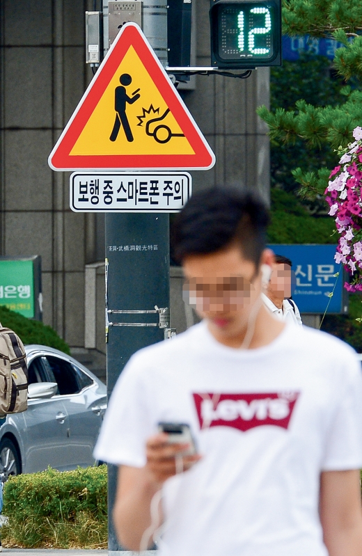 서울광장 인근 횡단보도에 설치된 보행 중 스마트폰 주의 표지판. /사진=뉴스1 박지혜 기자