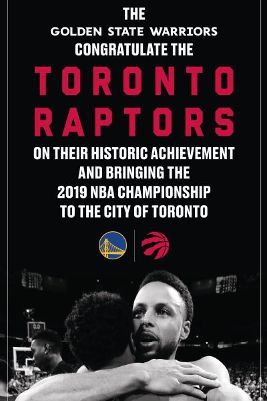토론토 랩터스의 우승을 축하하는 골든스테이트 워리어스의 광고. /사진=ESPN 트위터 캡처