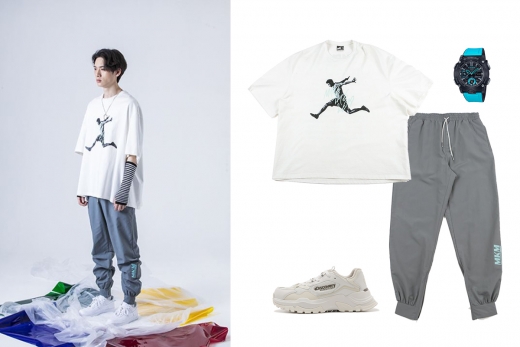 룩북, 티셔츠, 조거 팬츠 – 마크엠(MARKM) / 시계 – 지샥 / 러닝화 – 디스커버리 익스페디션