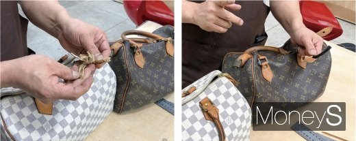 루이비통 가방 진품(왼쪽), 짝퉁 손잡이 차이. /사진=이남의 기자