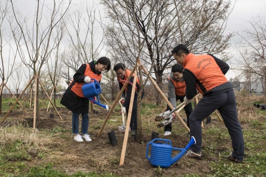 미래에셋생명은 12일 서울 용산구 이촌 한강공원에서 임직원 봉사단 50여 명이 참여한 가운데 미세먼지 저감과 도심 속 숲 조성을 위한 봉사활동 ‘한강에 숲을 선물합니다’를 진행했다./사진=미래에셋생명