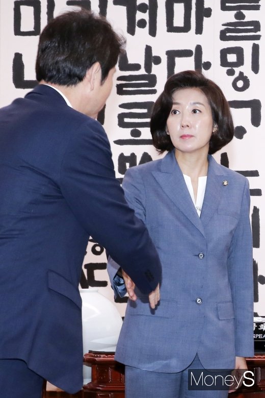 [머니S포토] 어색한 악수 나누는 나경원-이인영