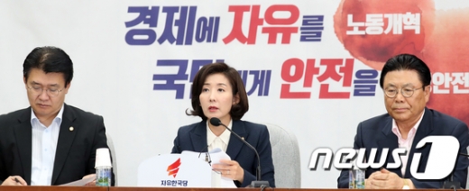 나경원 자유한국당 원내대표가 23일 서울 여의도 국회에서 열린 원내대책회의에서 모두발언을 하고 있다. /사진=뉴스1