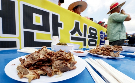 개 사육 농민 단체인 대한육견협회 회원들이 지난 7월12일 서울 여의도 국회 앞에서 열린 기자회견에서 개 식용 금지 법안 반대를 주장하며 개고기 시식 퍼포먼스를 하고 있다. /사진=뉴시스 DB