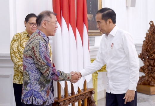 정의선 현대차그룹 수석부회장이 인도네시아 조코 위도도(Joko Widodo) 대통령과 25일 자카르타 대통령궁에서 면담을 하고 상호협력 방안에 대해 논의했다. (왼쪽)정의선 현대차그룹 수석부회장과 조코 위도도 인도네시아 대통령이 악수를 나누고 있다. /사진=현대자동차그룹
