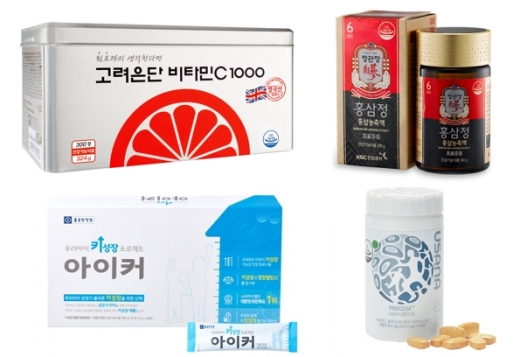 왼쪽 위부터 차례로 고려은단 ‘비타민C 1000’, KGC 인삼공사 ‘정관장 홍삼정’, 종근당건강 ‘아이커’, 유사나헬스사이언스 ‘프로코사 글루코사민’
