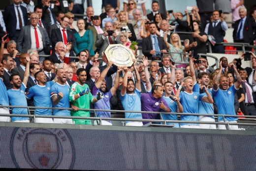 지난 4일 (한국시간) 영국 런던 웸블리 스타디움에서 열린 2019 커뮤니티 실드에서 리버풀을 꺾고 대회 2연패를 달성한 맨시티 선수들. /사진=로이터