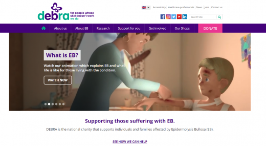 미국 비영리 단체인 DEBRA(Dystrophic Epidermolysis Bullosa Research Association of America) 홈페이지. /사진=DEBRA 홈페이지 캡처