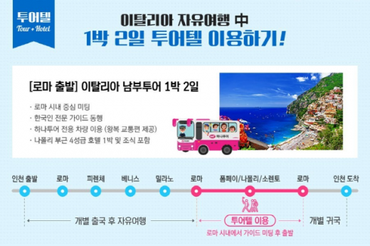 하나투어 이탈리아 투어텔 예시. 투어텔은 개별 자유여행 중 원하는 날짜 및 구간을 선택해 전문 가이드 투어를 즐길 수 있다. /사진=하나투어