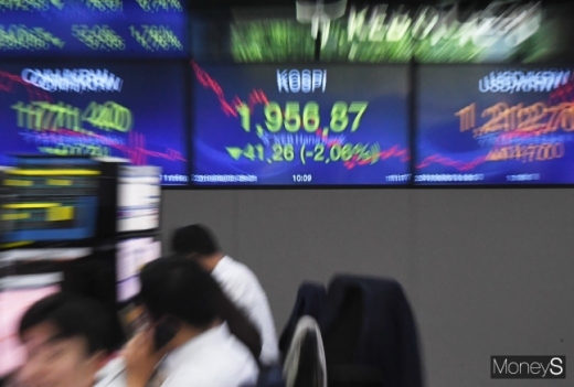 지난 5일 오전 서울 중구 KEB하나은행 딜링룸 전광판에 코스피가 전 거래일보다 38.75포인트(-1.94%) 내린 1959.38을 기록했다. /사진=장동규 기자