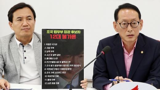 서울 여의도 국회에서 18일 열린 자유한국당 인사청문회 대책회의에서 김진태(왼쪽), 김도읍 의원이 ‘조국 법무부 장관 후보자 12대 불가론’을 말하는 모습. /사진=뉴시스 이종철 기자
