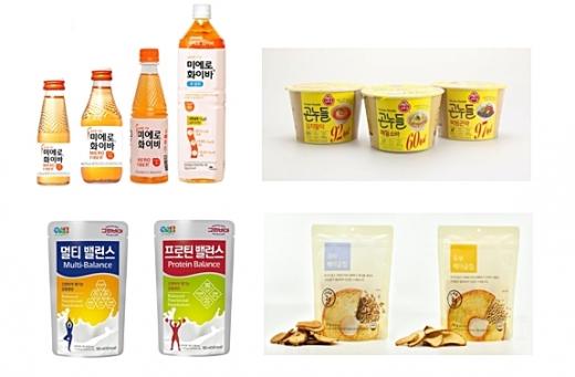 (왼쪽 위부터 시계방향) ‘미에로화이바’, ‘곤누들 김치말이’, ‘그린비아 밸런스’, ‘베이글칩’. /사진=각사 제공