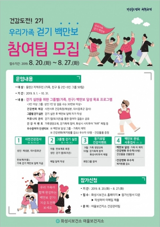 화성시는 가족이 함께 참여하는 걷기 프로그램을 통해 운동의 생활화를 유도하고 건강도시 이미지를 제고하고자 ‘건강도전! 우리가족 걷기 백만보’ 2기를 운영한다고 밝혔다. / 자료제공=화성시