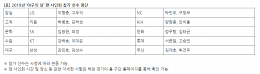 오는 23일 열리는 KBO '야구의 날' 팬 사인회 행사에 참여하는 각 팀 선수대표 명단. /사진=KBO 홈페이지 캡처