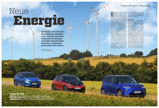 (왼쪽부터)닛산 Leaf e+, BMW i3s, 쏘울EV. 아우토 자이퉁은 전기차 비교 평가를 통해 가장 경쟁력 있는 차로 쏘울EV를 꼽았다. /사진=아우토 자이퉁 지면