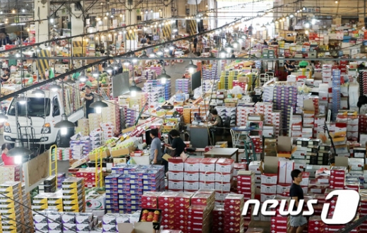 추석을 보름여 앞둔 27일 경기 수원시 권선구 농수산물도매시장에서 상인들이 선물용 과일을 분주하게 준비하고 있다. /사진=뉴스1