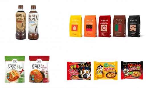 이미지(왼쪽 위부터 시계방향순): 하이트진로음료 ‘블랙보리’, ‘블랙보리 라이트’, 동서식품 ‘맥심 시그니처 블렌드’ 5종, 삼양식품 ‘핵불닭볶음면’, ‘치즈불닭볶음면’, ‘불닭볶음탕면’, 대상 종가집 ‘생생아삭김치’, ‘톡톡아삭김치’