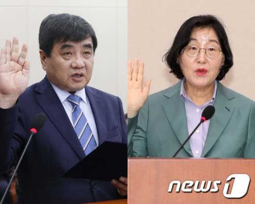 한상혁 방송통신위원회 위원장 후보자(왼쪽)와 이정옥 여성가족부 장관 후보자가 30일 국회에서 열린 인사청문회에 앞서 선서하고 있다. /사진=뉴스1