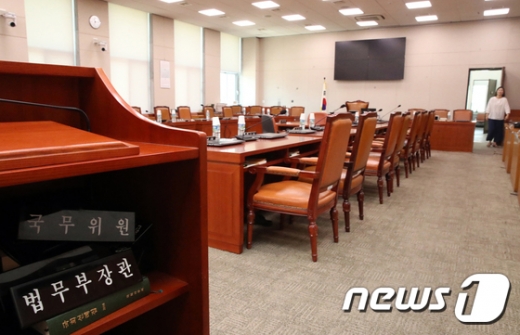 30일 서울 여의도 국회 법제사법위원회 전체회의장에서 열린 전체회의가 개의한 지 46초 만에 산회했다. 의원들이 나가고 텅 빈 전체회의장에 법무부장관 명패가 놓여 있다. /사진=뉴스1
