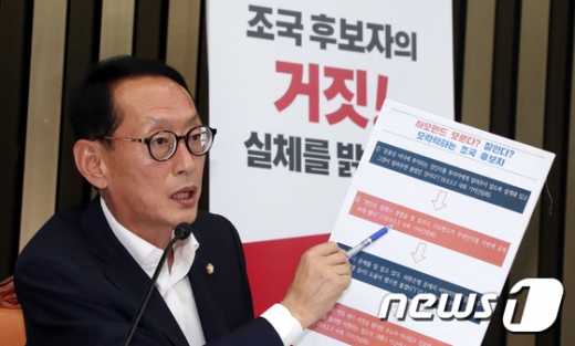김도읍 자유한국당 의원이 3일 서울 여의도 국회에서 열린 '조국 후보자의 거짓! 실체를 밝힌다' 기자 간담회에서 발언을 하고 있다. /사진=뉴스1