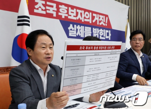 주광덕 자유한국당 의원이 지난 3일 서울 여의도 국회에서 열린 '조국 후보자의 거짓! 실체를 밝힌다'에서 조국 법무부장관 후보자 동생부부의 위장이혼 의혹을 주장하고 있다. /사진=뉴스1 