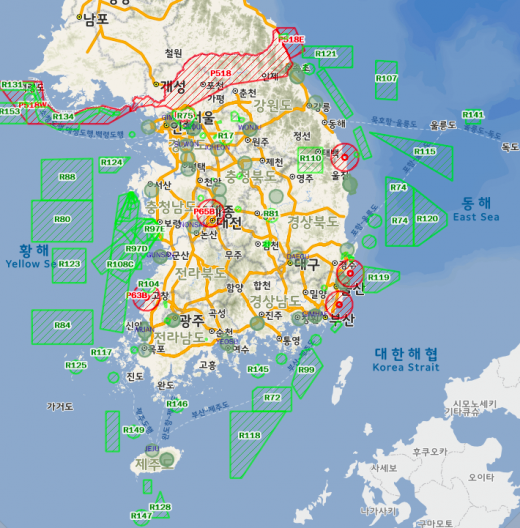 비행금지구역(빨간색)과 비행제한구역(녹색). /사진=브이월드 캡처