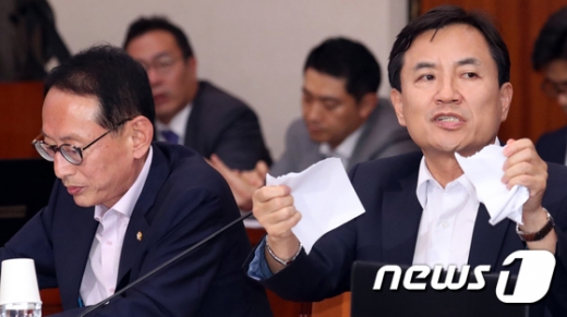 김진태 자유한국당 의원(오른쪽)이 6일 국회에서 열린 조국 법무부장관 후보자 인사청문회에서 조 후보자가 제출한 서류를 찢어버리고 있다. /사진=뉴스1