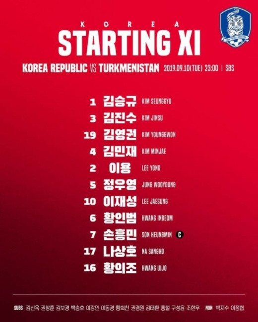 투르크메니스탄전에 나서는 대한민국 선발 라인업. /사진=대한축구협회 제공