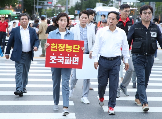 지난 11일 조국 법무부 장관의 임명 철회를 촉구하는 1인 시위를 위해 이동하는 나경원 자유한국당 원내대표. /사진=뉴시스 박미소 기자 