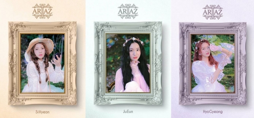 라이징엔터테인먼트가 공개한 신인 6인조 걸그룹 'ARIAZ'(아리아즈)의 멤버 시현, 주은, 효경(왼쪽부터) 프로필컷. /사진=스타제국 인스타그램 캡처