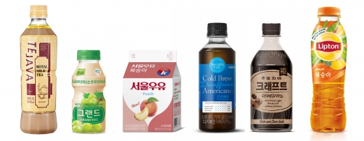 (왼쪽부터) 동아오츠카 ‘데자와’, 한국야쿠르트 '그랜드 청포도', 서울우유 '서울우유 복숭아', ‘스페셜티카페 콜드브루 디카페인 커피’, 코카콜라 '조지아 크래프트', 롯데칠성음료 ‘립톤 아이스티’
