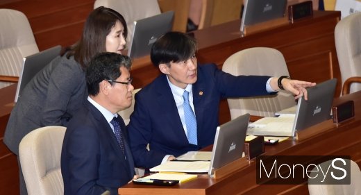 [머니S포토] 한국당 야유 속 조국 첫 국회 데뷔