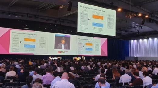 29일(현지시간) 스페인 바르셀로나에서 열리는 유럽종양학회(ESMO 2019)에서 류민희 서울아산병원 교수가 표적항암제 리보세라닙의 임상3상 결과를 발표하고 있다./사진=에이치엘비