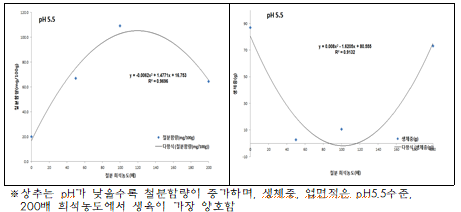 상추 철분농도에 따른 식물체내 철분, 생체중 및 엽면적 상관관계. / 자료제공=의정부시