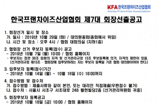 프랜차이즈산업협회장, 7대회장 선출공고 … 29일 대의원총회에서 선거 진행