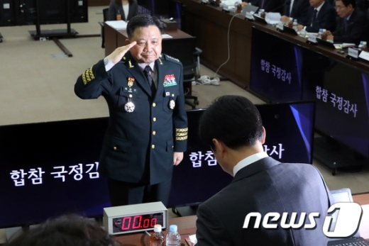 박한기 합동참모본부의장이 8일 오전 서울 용산 합동참모본부에서 열린 국회 국방위원회의 합동참모본부 등에 대한 국정감사에서 안규백 위원장에게 선서문을 전달한 뒤 거수경례를 하고 있다. /사진=뉴스1