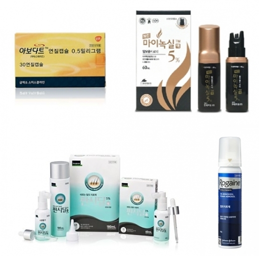 사진 왼쪽위부터 차례로 GSK ‘아보다트’, 현대약품 ‘복합마이녹실액 5%’, 동국제약 ‘판시딜액’, JW신약 ‘로게인폼’./사진=각사