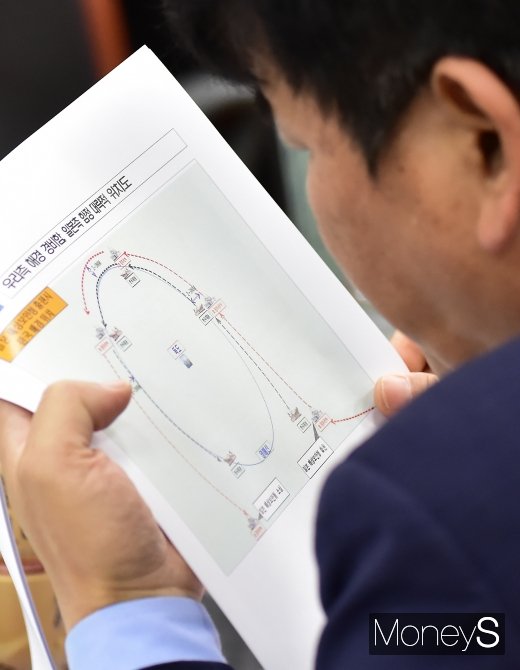 [머니S포토] 독도 수역 한-일 함정 위치 살피는 국감현장
