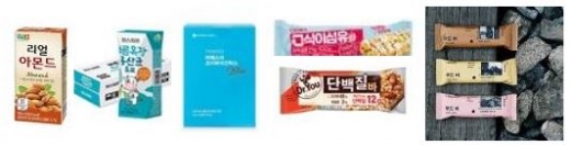 △좌측부터/정식품 ‘리얼아몬드’, 파스퇴르 ‘바른목장 유산균 음료’, 에스더포뮬러 ‘닥터에스더 프리바이오틱스’, 크라운제과 ‘고식이섬유바’, 오리온 ‘닥터유 단백질바’, 랩노쉬 ‘푸드바’ 