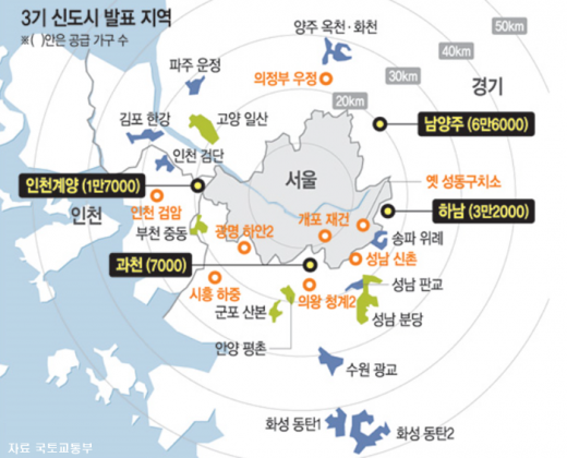 정부가 남양주, 하남, 과천일대 100만㎡ 이상 규모의 대규모 택지 4곳에 대한 ‘공공주택지구 지정’을 고시하기로 확정함에 따라 10만5000호 규모의 ‘3기 신도시’ 조성이 본격화된다. / 자료제공=국토교통부