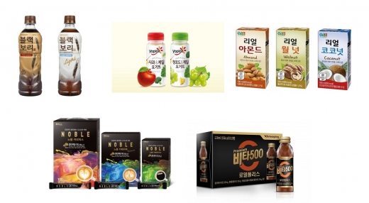 이미지(왼쪽 위부터 시계방향 순): 하이트진로음료 ‘블랙보리’, ‘블랙보리 라이트’, 빙그레 요플레 ‘케일요거트 2종’, 정식품 ‘리얼 시리즈 3종’, 광동제약 ‘프리미엄 비타500 로열폴리스’, 일동후디스 ‘노블
