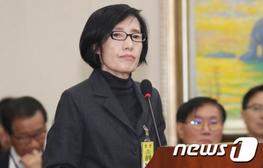 피우진 전 국가보훈처장이 18일 국회에서 열린 정무위원회 국정감사에 증인 신분으로 출석, 증인 선서에 앞서 선서를 거부하고 있다. /사진=뉴스1