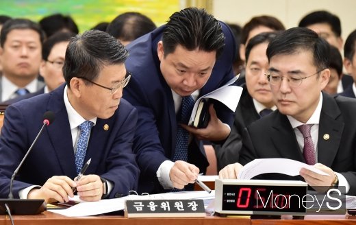 [머니S포토] 2019 정무위 종합국감, 자료 살피는 은성수-손병두