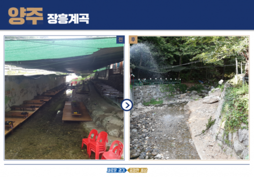 양주 장흥계곡의 원상복구 전(왼쪽), 후 모습.(사진=경기도)