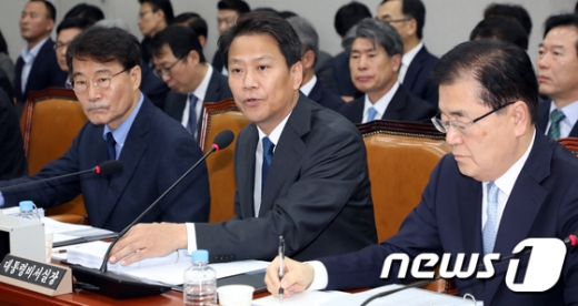 정의용 국가안보실장, 임종석 당시 대통령비서실장, 장하성 당시 정책실장이 지난해 11월6일 서울 여의도 국회에서 열린 대통령비서실·국가안보실·대통령경호처 등 청와대에 대한 국회 운영위원회 국정감사에서 의원질의에 답변하고 있다. /사진=뉴스1
